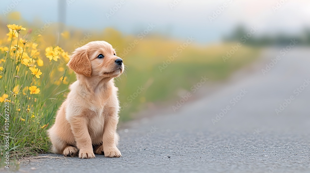 A forlorn puppy sits alone by the side of a gravel road looking up with ...