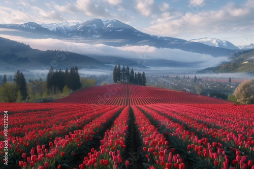 A field of red tulips stretches out before a misty mountain backdrop, creating a breathtaking scene of natural beauty.