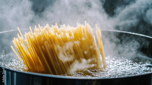 Strands of pasta subtly dance in a pot of bubbling water as steam rises, creating a dynamic visual of cooking pasta for a hearty and satisfying meal.