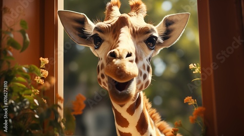 Laughing giraffe looking through the window of a house, concept of curiosity and interest, copy space photo