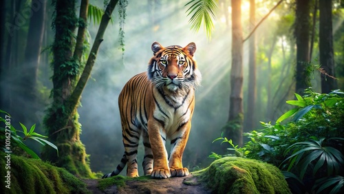 Majestic tiger in a lush forest environment panoramic photo