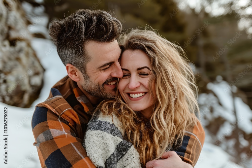 Couple in love walking in the winter forest. Happy young man and woman in love. Couple in love walking in the winter forest. Happy young man and woman in love.