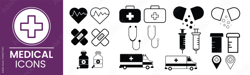 Medical icon set. Heartbeat, first aid kit, bandage, syringe, pills bottle, ambulance and more. Vector icons collection Medical icon set. Heartbeat, first aid kit, bandage, syringe, pills bottle, ambulance and more. Vector icons collection