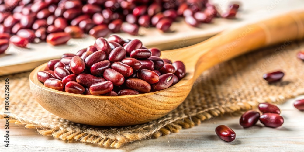 Candid Close-Up of Red Adzuki Beans in a Wooden Spoon on White Background for Culinary and Health Uses Candid Close-Up of Red Adzuki Beans in a Wooden Spoon on White Background for Culinary and Health Uses