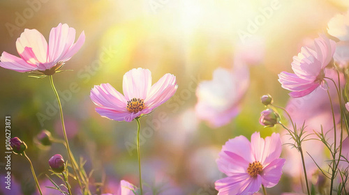 Delicate pink cosmos flowers gracefully reaching upward, bathed in the soft glow of warm sunlight, evoking a sense of calm and serenity in a dreamy garden setting.