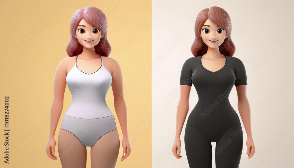 A digital illustration contrasting two outfits on a stylized female character, showcasing different body shapes and styles. A digital illustration contrasting two outfits on a stylized female character, showcasing different body shapes and styles.