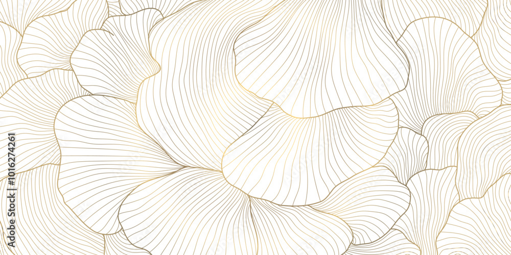© marylia17 - Vector art deco line floral leaf pattern. Japanese garden tree, luxury plant design, golden on white. Graphic print foliage decor