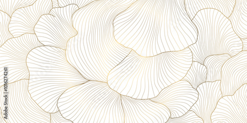 Vector art deco line floral leaf pattern. Japanese garden tree, luxury plant design, golden on white. Graphic print foliage decor