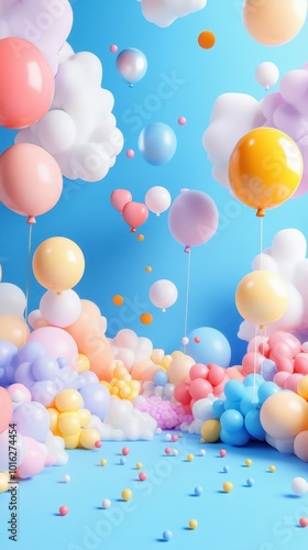 Colorful balloons and fluffy clouds adorn the bright blue sky, adding to the festive feel
