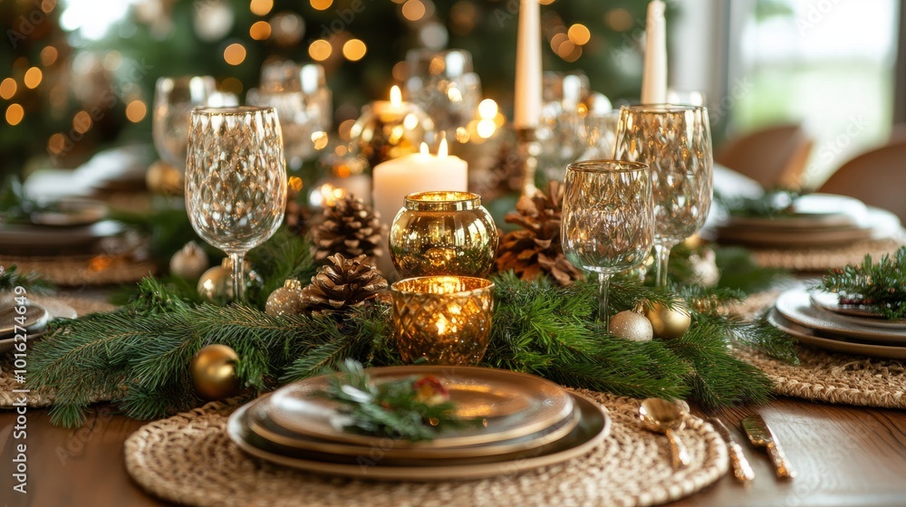 Christmas dinner table setting with candles, greenery, and golden accents, surrounded by holiday decorations, ready for a festive family gathering. Christmas dinner table setting with candles, greenery, and golden accents, surrounded by holiday decorations, ready for a festive family gathering.