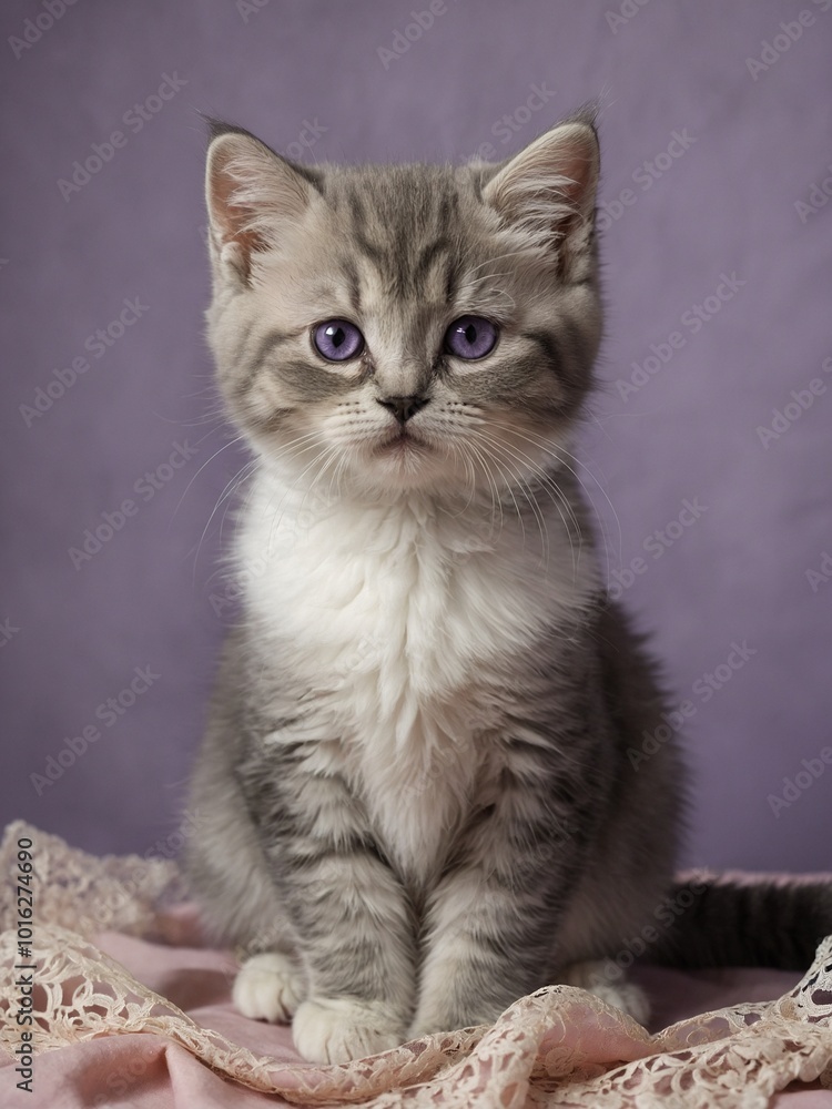 Young feline with fluffy coat, striking purple eyes sits poised on soft surface, surrounded by delicate lace fabric. Felines fur predominantly light with darker grey accents. Young feline with fluffy coat, striking purple eyes sits poised on soft surface, surrounded by delicate lace fabric. Felines fur predominantly light with darker grey accents.