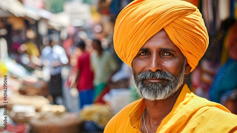 Vibrant Indian Market Local Man Wearing Turban Smiling Candidly Colorful Background Street Life Vibrant Indian Market Local Man Wearing Turban Smiling Candidly Colorful Background Street Life