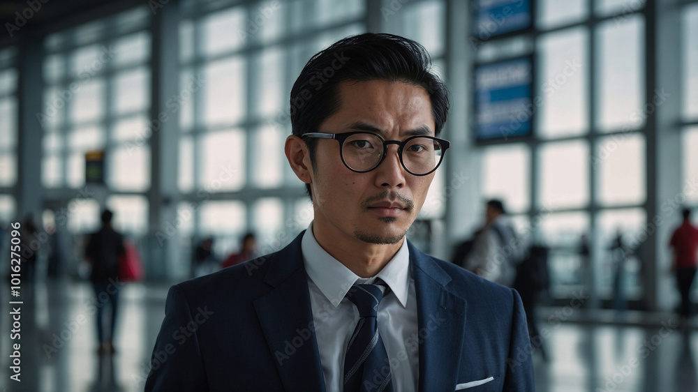 30-year-old Asian man with short black hair wearing glasses, dark suit, and tie in office setting with windows in background 30-year-old Asian man with short black hair wearing glasses, dark suit, and tie in office setting with windows in background