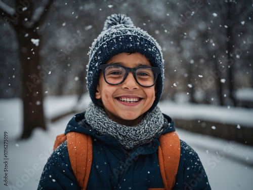 Young Asian boy with glasses, wearing winter hat and scarf, smiling in snow