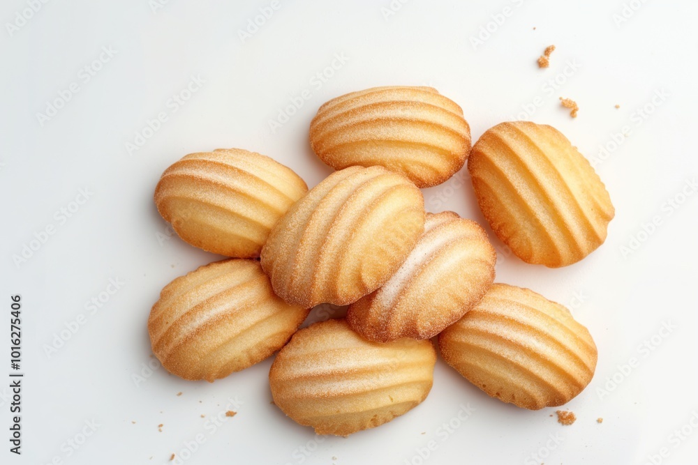 Golden-brown Madeleine cookies in 3x3 grid on white background. Nine cookies slightly overlapping each other. Crumpled edges adding realism. Freshly baked cookies isolated on plain background. Golden-brown Madeleine cookies in 3x3 grid on white background. Nine cookies slightly overlapping each other. Crumpled edges adding realism. Freshly baked cookies isolated on plain background.
