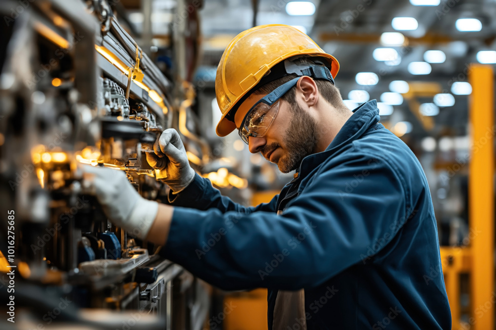 Industrial worker wearing a hard hat and safety glasses, performing maintenance on machinery in a factory setting. The surrounding environment is well-lit. Industrial worker wearing a hard hat and safety glasses, performing maintenance on machinery in a factory setting. The surrounding environment is well-lit.