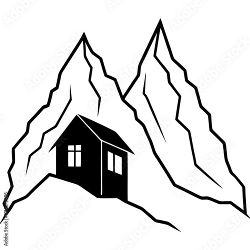 Silhouette of Jagged Mountain Face with Cabin - Vector Art