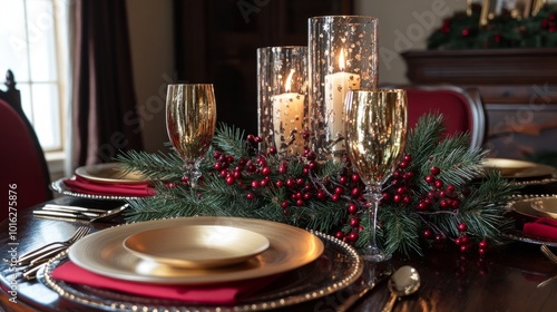 Wallpaper Mural Warm and elegant Christmas dinner table with gold and red accents, flickering candles, and a centerpiece of pine branches and berries. Torontodigital.ca