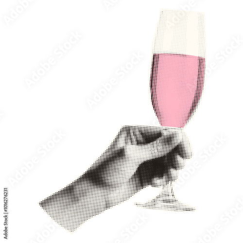 Hand hold champagne glasse. Trendy halftone collage style. Merry Christmas and Happy New Year.