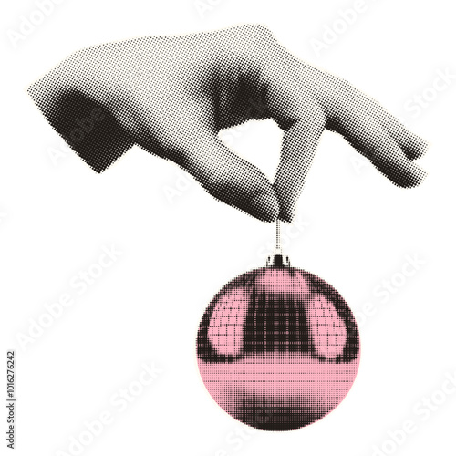 The hand holds a Christmas tree toy in the shape of a disco ball. Trendy vintage collage in halftone style.