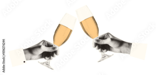 Two hands holding champagne glasses. Trendy halftone collage style. Merry Christmas and Happy New Year.