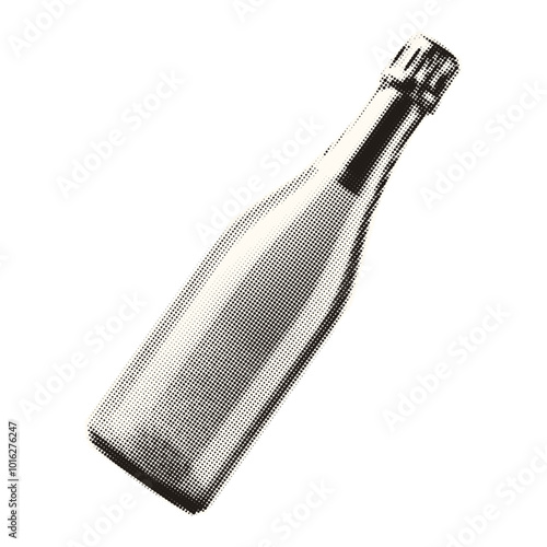 Champagne bottle in vintage pop style with halftone effect.