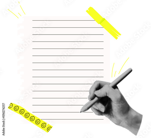 Sheets of paper with scotch tape and halftone hands with pen.