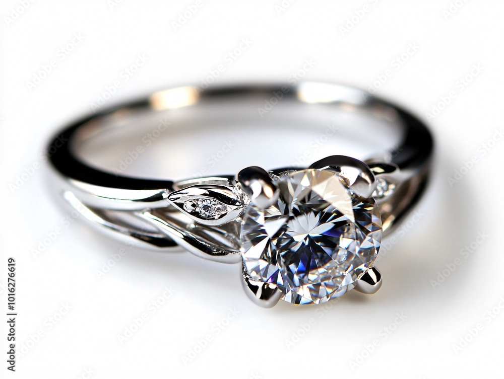 Close-up of a sparkling diamond engagement ring with a delicate band. Close-up of a sparkling diamond engagement ring with a delicate band.