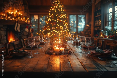 cozy holiday dining rustic wooden table with empty place settings twinkling christmas tree lights bokeh in background creating warm and inviting festive atmosphere