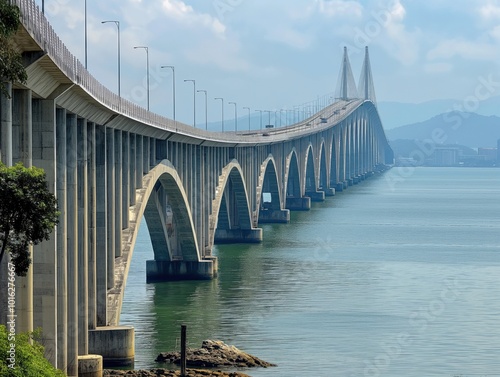 Long Bay Bridge in Singapore, marvel of engineering, stretches across water, connecting two points on island. Majestic bridge towers above water, clear blue sky providing backdrop. Perspective from photo