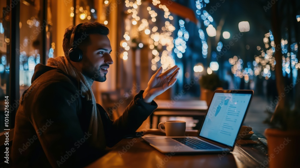 Young Man Working on Laptop in Cozy Cafe at Night Young Man Working on Laptop in Cozy Cafe at Night