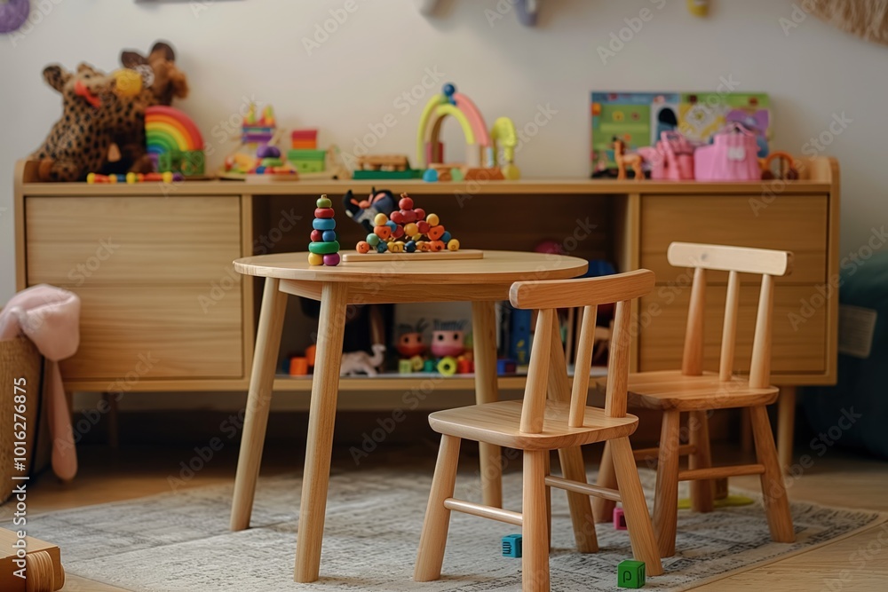 Cozy children room with wooden furniture, toys. Wooden table with blue toy car, pink toy truck, two chairs with matching toys. Dresser with mirror, shelf holding various toys. Warm, inviting Cozy children room with wooden furniture, toys. Wooden table with blue toy car, pink toy truck, two chairs with matching toys. Dresser with mirror, shelf holding various toys. Warm, inviting