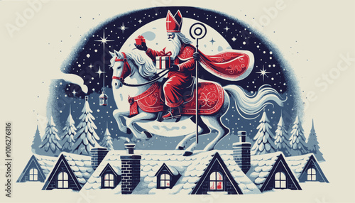 Sinterklaas or Saint Nicholas with a gift on the roof on his horse	