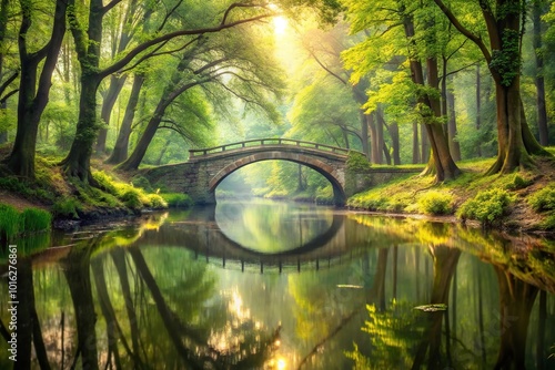 Mystical forest with river and bridge reflection on water