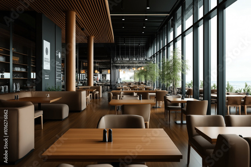 Modern restaurant interior with large windows offering a sea view, wooden flooring, comfortable seating, and indoor plants. The space is well-lit and spacious.