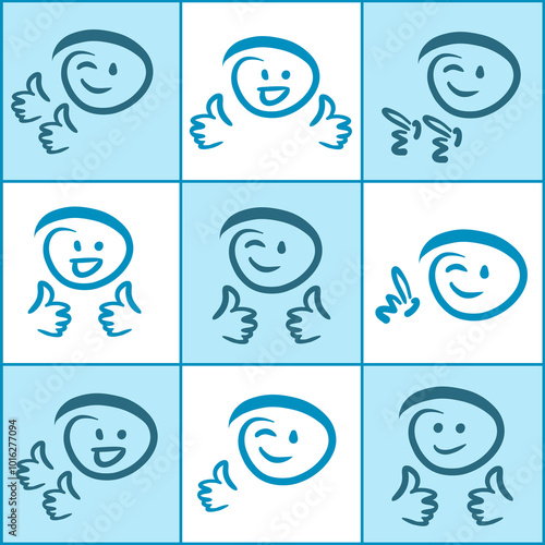 Hand drawn emoji collection vector set. Cool smiling, laughing or twinking emoticon face showing thumbs up, finger guns or pointing finger up.