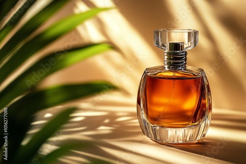 Glass bottle of perfume with gold cap on a beige background with palm leaves. photo