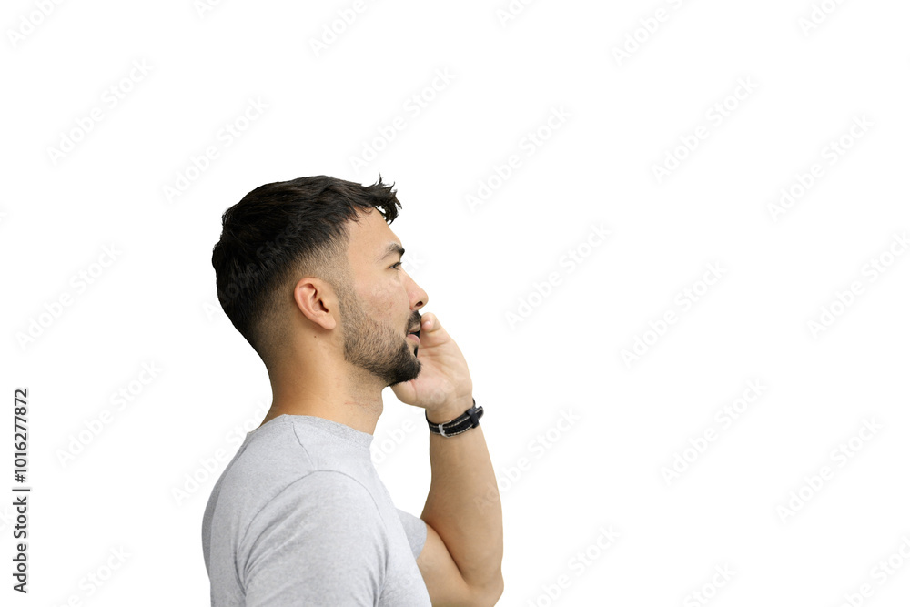 Man, on a white background, close-up, with a phone