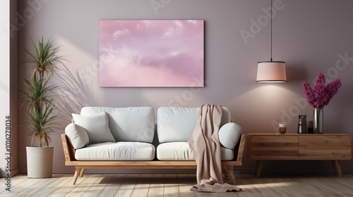 Fototapeta Light living room interior with chill area and dresser with decor, mockup frame