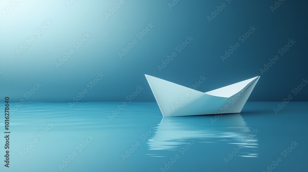 A white paper boat floats on a blue surface.