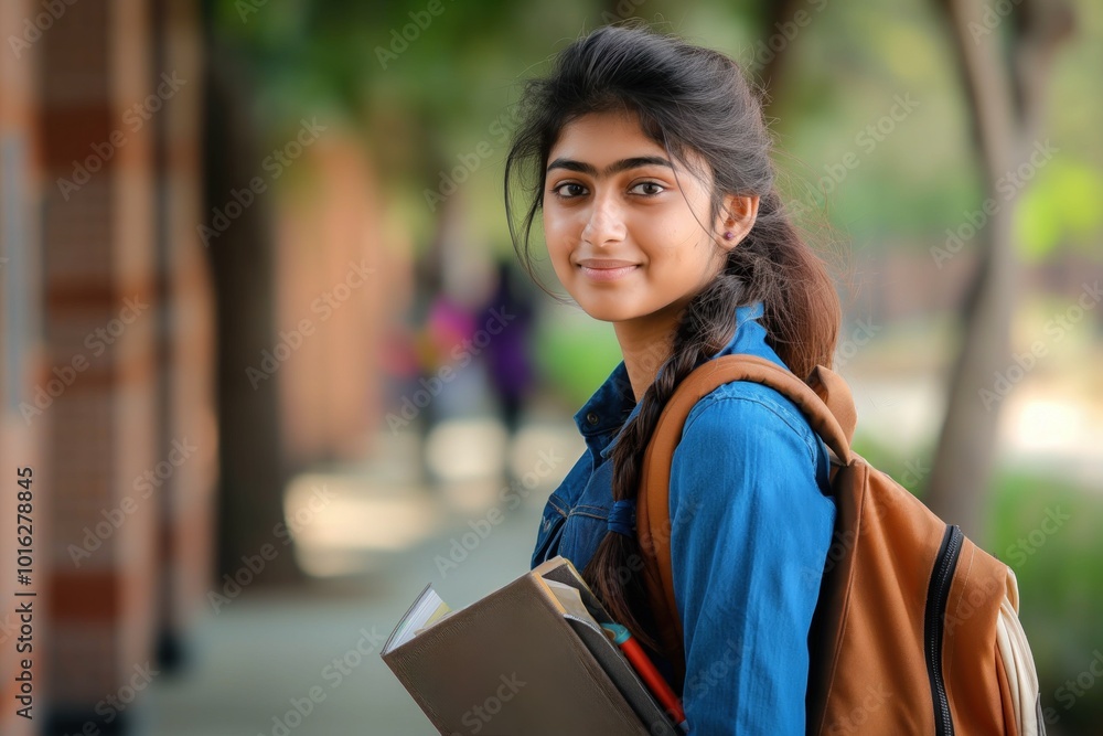 Young Indian woman with dark hair stands near brick building. Wears blue shirt, brown backpack, holds book in hand. Open book suggests reading, studying. Contrasting textures between skin, brick Young Indian woman with dark hair stands near brick building. Wears blue shirt, brown backpack, holds book in hand. Open book suggests reading, studying. Contrasting textures between skin, brick