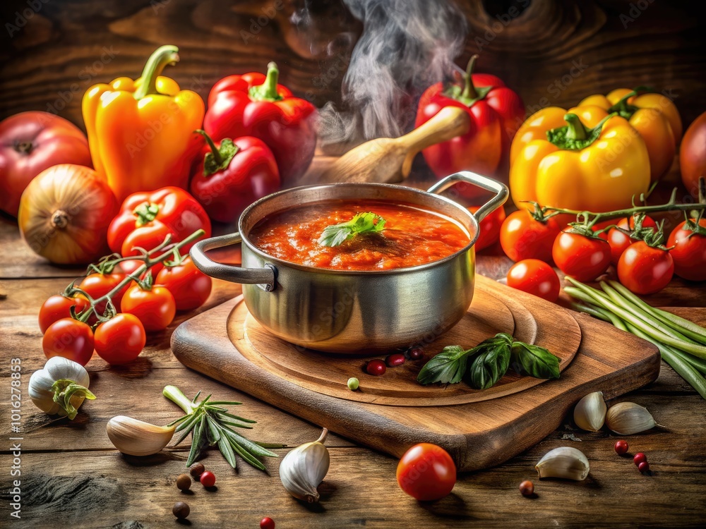 Close-Up of Boiling Tomato Sauce on Stove with Fresh Ingredients for Pasta and Pizza Close-Up of Boiling Tomato Sauce on Stove with Fresh Ingredients for Pasta and Pizza