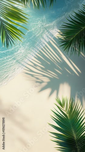 Palm leaves cast shadows on soft sand as gentle waves lap at the beach under clear blue skies