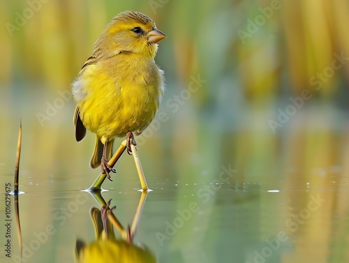 golden yellow finch perched on reed by tranquil lakeside its reflection visible in the water below