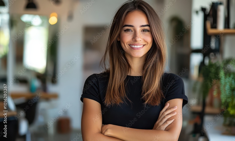 Portrait of a beautiful woman with a confident smile standing in a modern hair salon setting Portrait of a beautiful woman with a confident smile standing in a modern hair salon setting