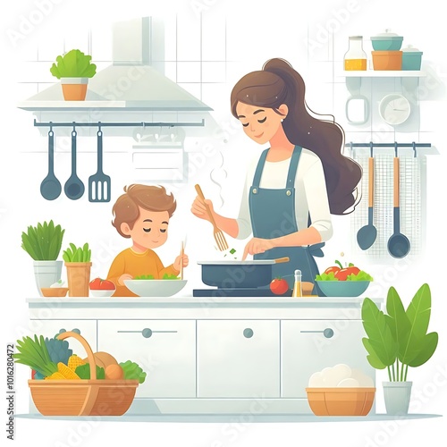 A mother and child cooking together in the kitchen. Flat design style showing a family moment of teamwork and fun. Ideal for family, cooking, or lifestyle themes. White background.