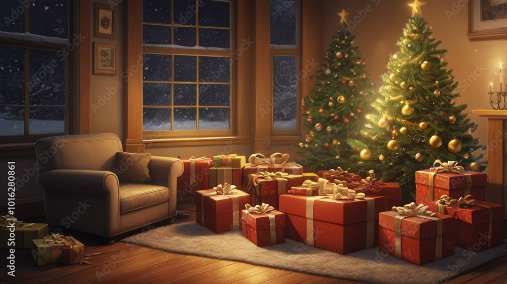 Many Christmas presents under the Christmas tree, indoors, warm atmosphere, festive decoration Many Christmas presents under the Christmas tree, indoors, warm atmosphere, festive decoration
