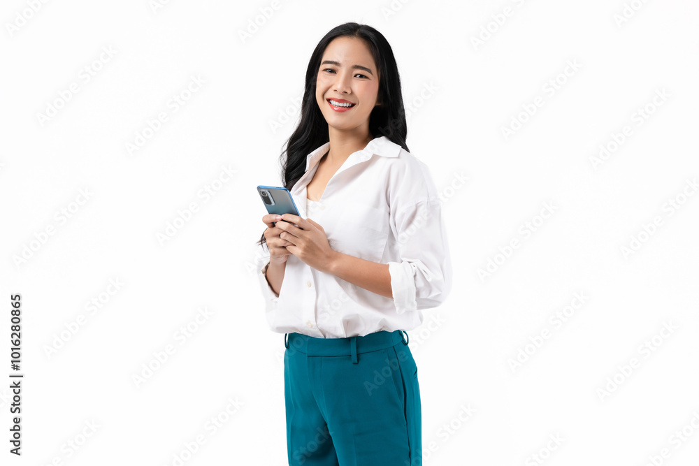 Beautiful Asian woman holding smartphone and smiling on white background. Beautiful Asian woman holding smartphone and smiling on white background.