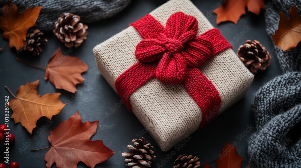 Fototapeta premium Autumn gift wrapped in craft paper and red bow made of knitted ribbon, autumn birthday or shopping on Black Friday