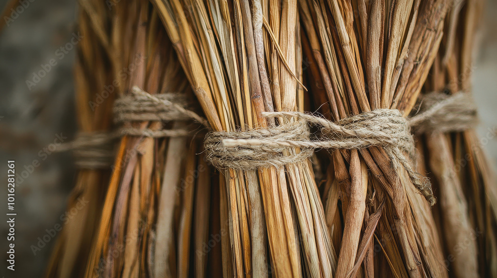 This image captures several bundles of dried grass tied with simple rope against a subtle background, emphasizing texture, organization, and natural aesthetics. This image captures several bundles of dried grass tied with simple rope against a subtle background, emphasizing texture, organization, and natural aesthetics.